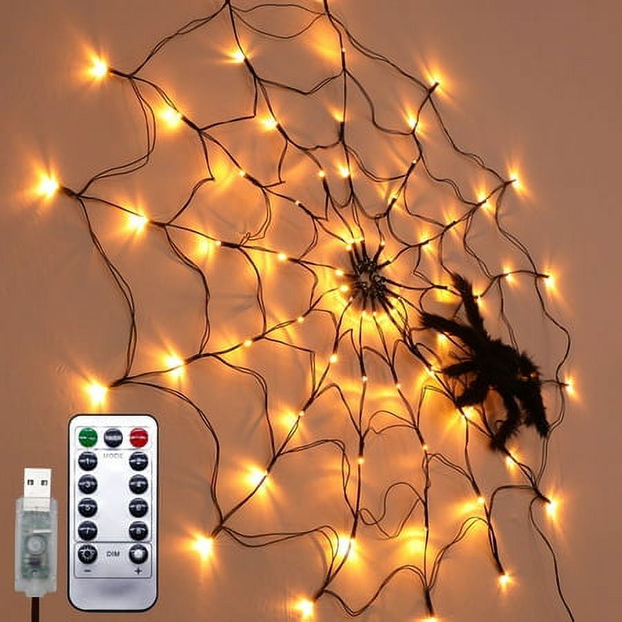 70Led 3.28FT Giant Spider Web Lights with Hairy Spider and Cobweb for Lighted Halloween Decorations Outdoor Halloween Window Decorations Wall Garden Patio Yard Decor