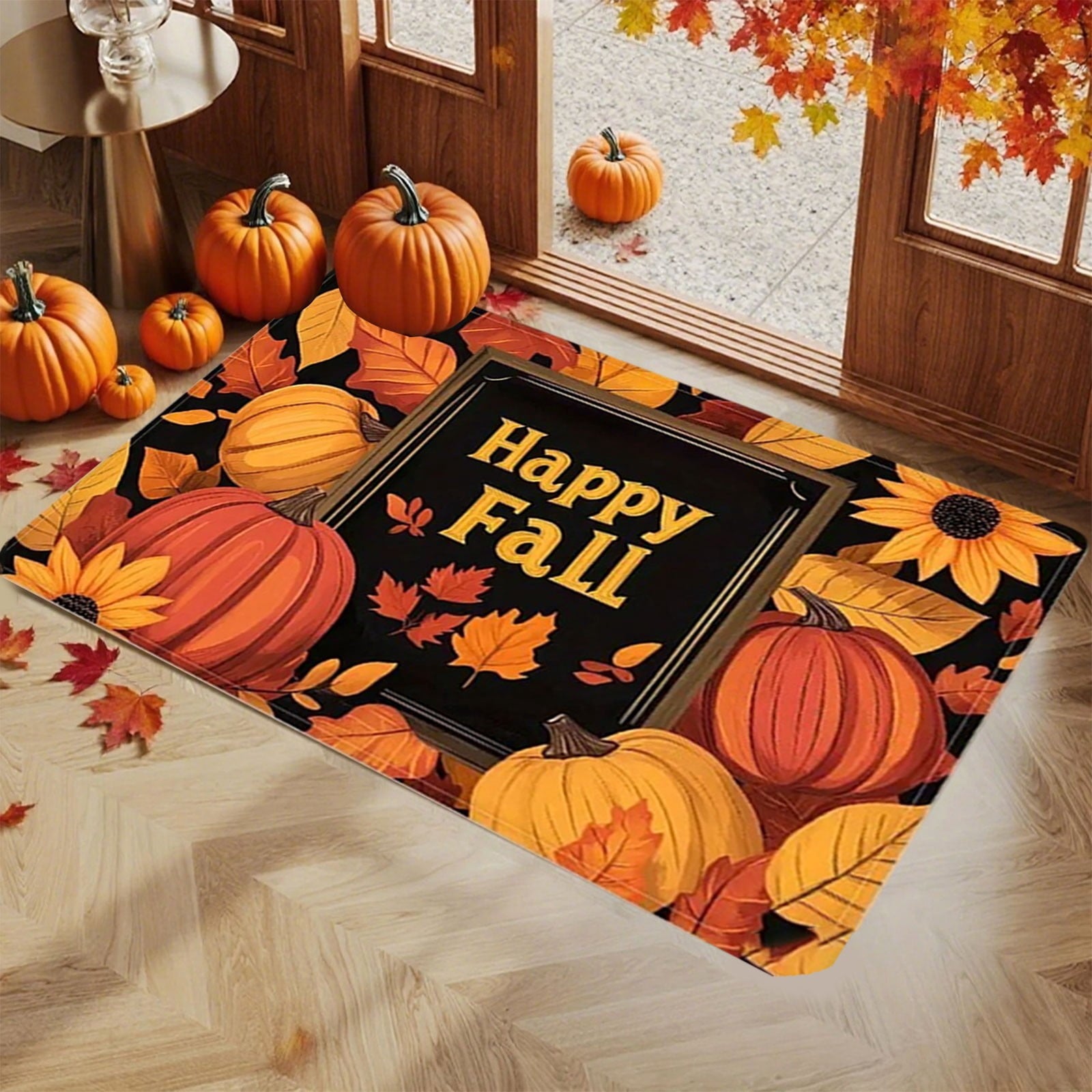 syligr Halloween Thanksgiving Doormat with Maple Leaf & Pumpkin Patterns - Non-Slip Floor Mat for Entryway, Kitchen, Porch, Fall Harvest Decor Rug with Anti-Fatigue Backing, Gift for Thanksgiving