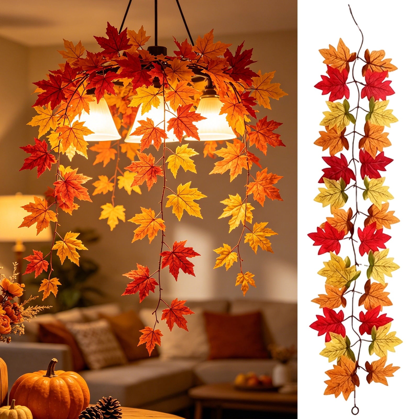 WKSCLPAI Halloween Maple Leaf Garland, Fall Vine Wreaths for Autumn Festivities Decor,Seasonal Garlands for Home,Halloween & Fall Decorations