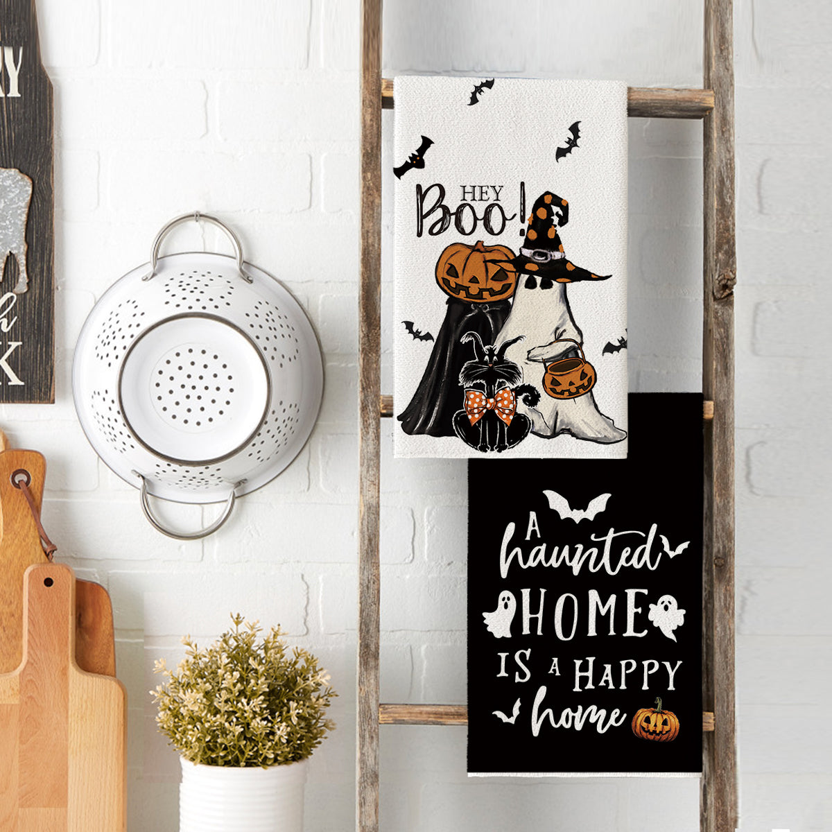 Sm:)e Spooky Pumpkin Ghost Boo Bat Halloween Kitchen Dish Towels 2 Set 18 x 26 inch