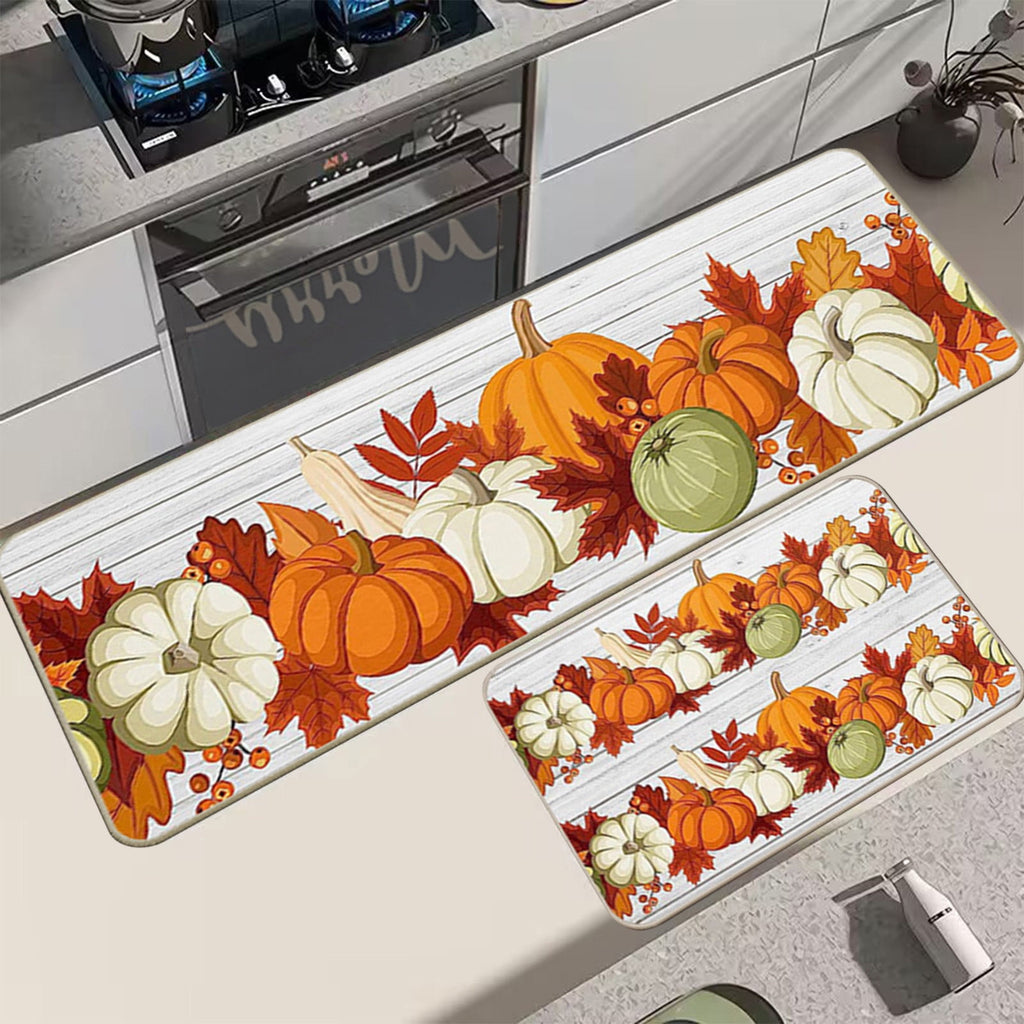 Decorative Kitchen Floor Mats Set of Two, Fall Theme Pumpkin Turkey Pattern Kitchen Rugs and Mats for Outdoor Indoor Kitchen Decor Halloween Thanksgiving Non-Slip Doormat