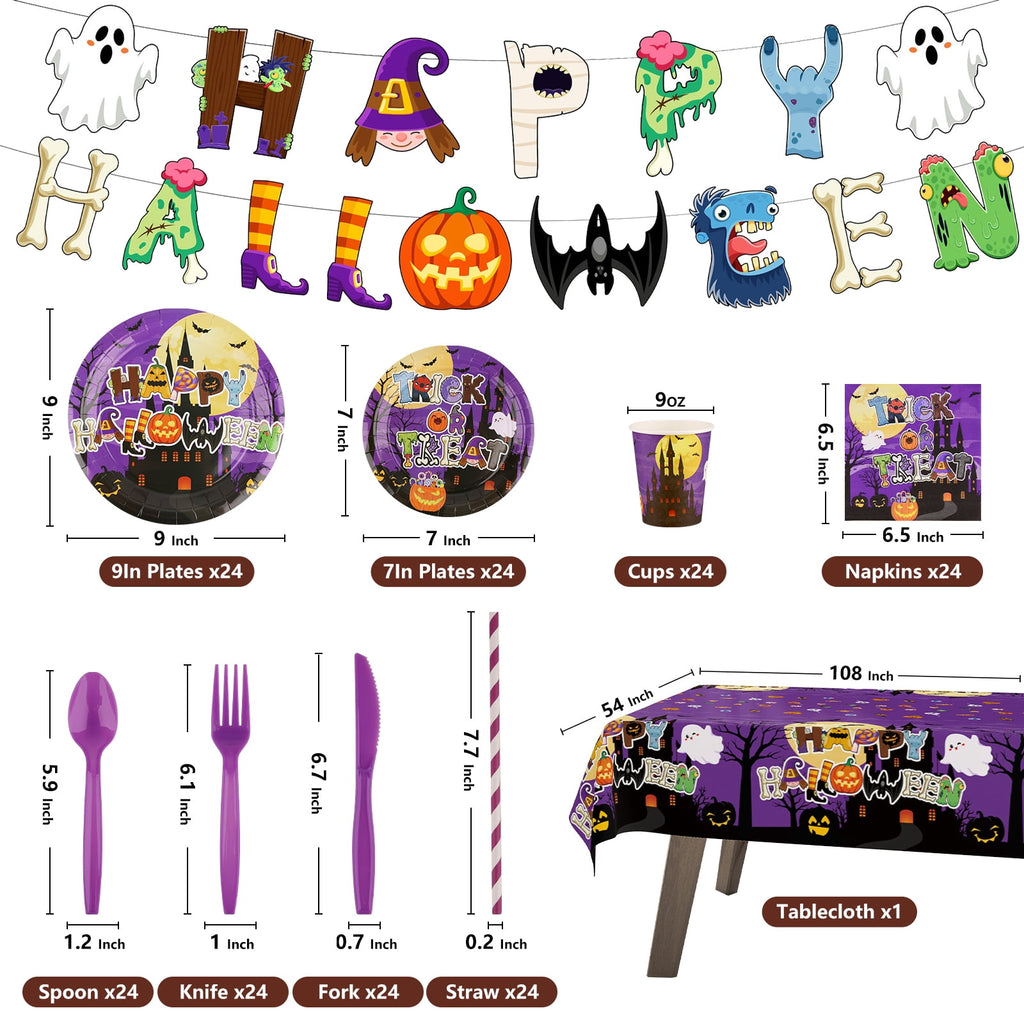 YIBAGA Halloween Party Supplies 194 PCs Serve 24, Ghost Pumpkin Witch Paper Plates Napkins Cups Tablecloth Banner Party Decor
