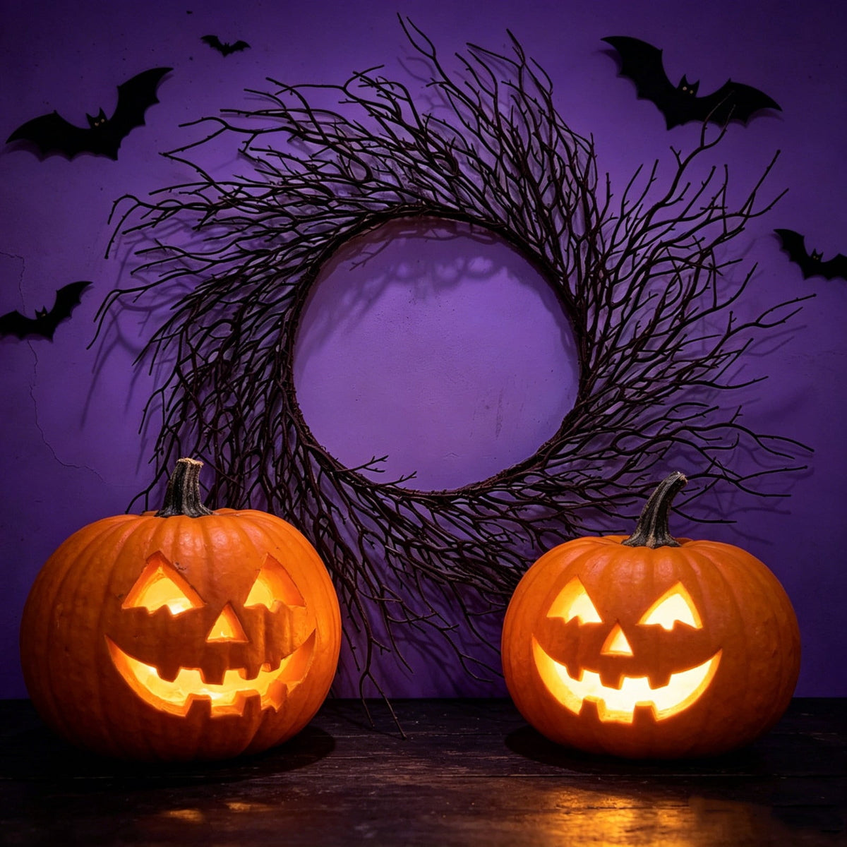WWC Halloween Wreath, 18 inch Black Bats and Bare Branch Wreath, Gothic Halloween Decor Twig Wreath for Halloween Party Front Door Porch and Fireplace