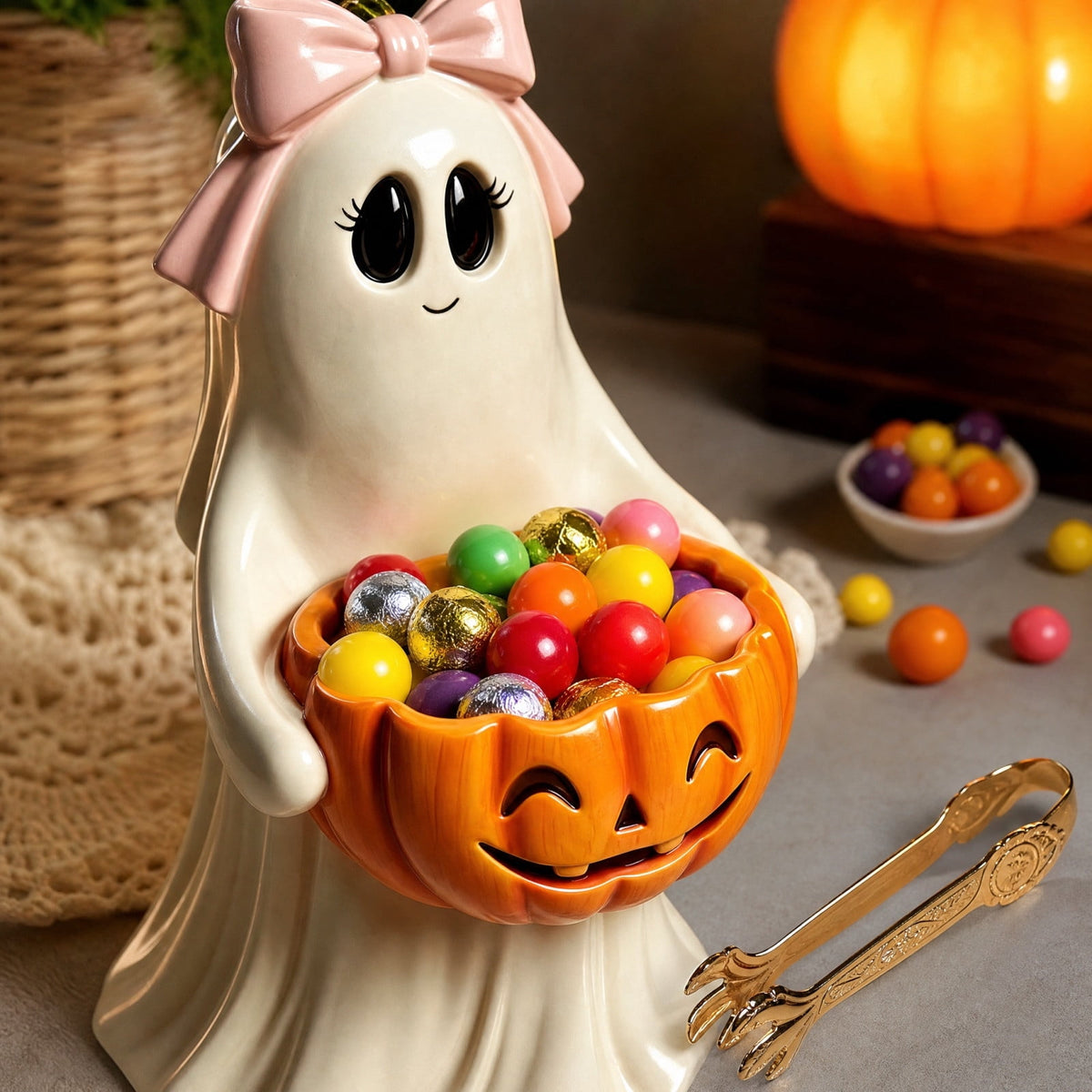 Diceymbol Halloween Pumpkin Snack Bowl Stand Collapsible Broomstick Candy Tray for Cupcakes & Desserts, Resin Serving Platter with Ceramic Pumpkin Bowls