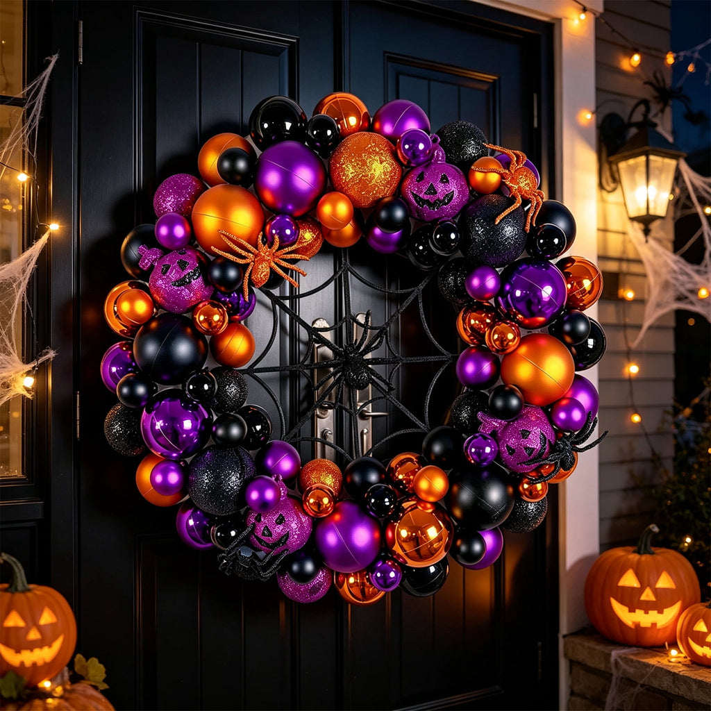 Godance 16 Inch Halloween Ball Wreath for Front Door, Halloween Wreath with Fake Pumpkins Spider, Shatterproof Treat-or-Trick Front Door Wreaths, Purple/Black Ball Ornament for Wall Front Door