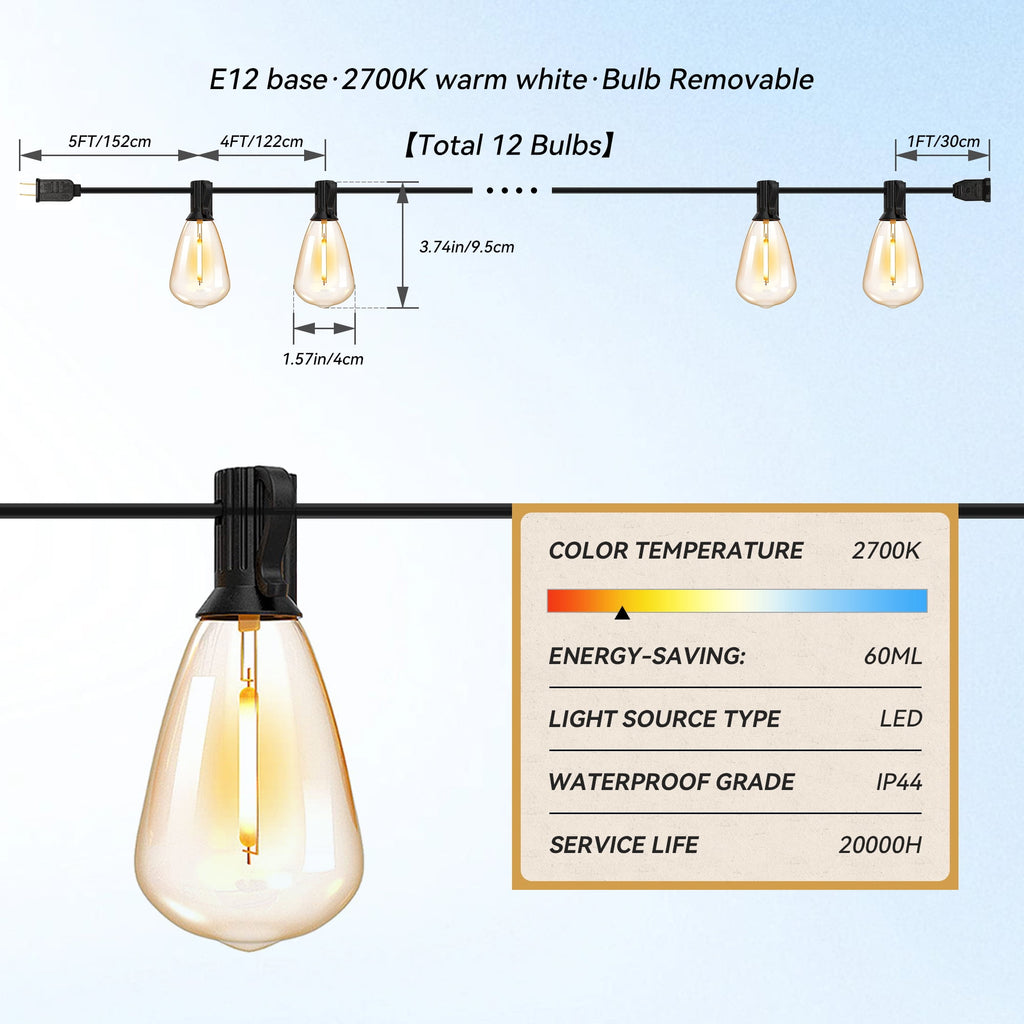 DAYBETTER 100ft Outdoor String Lights, with 24 Edison Vintage Shatterproof Bulbs, ST38 Waterproof Hanging Lights, Connectable and Dimmable Lights for Yard Patio