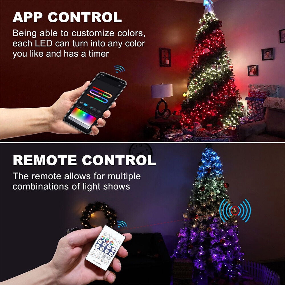 IC ICLOVER Christmas Tree String Lights Decorations with Ring Smart APP, 200 LED Waterfall Lights IP65 Waterproof Multi-Modes with Remote Color Changing Lights for Wedding Yard Party Home Holiday