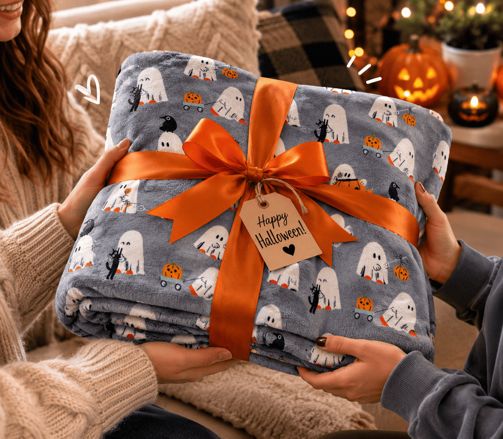 Serafina Home Halloween Throw Blanket: Fuzzy Boo! Jack O'Lantern Spider Webs Skull and Black Cats Print on Velvet Fleece for Sofa Bed Couch Chair Dorm