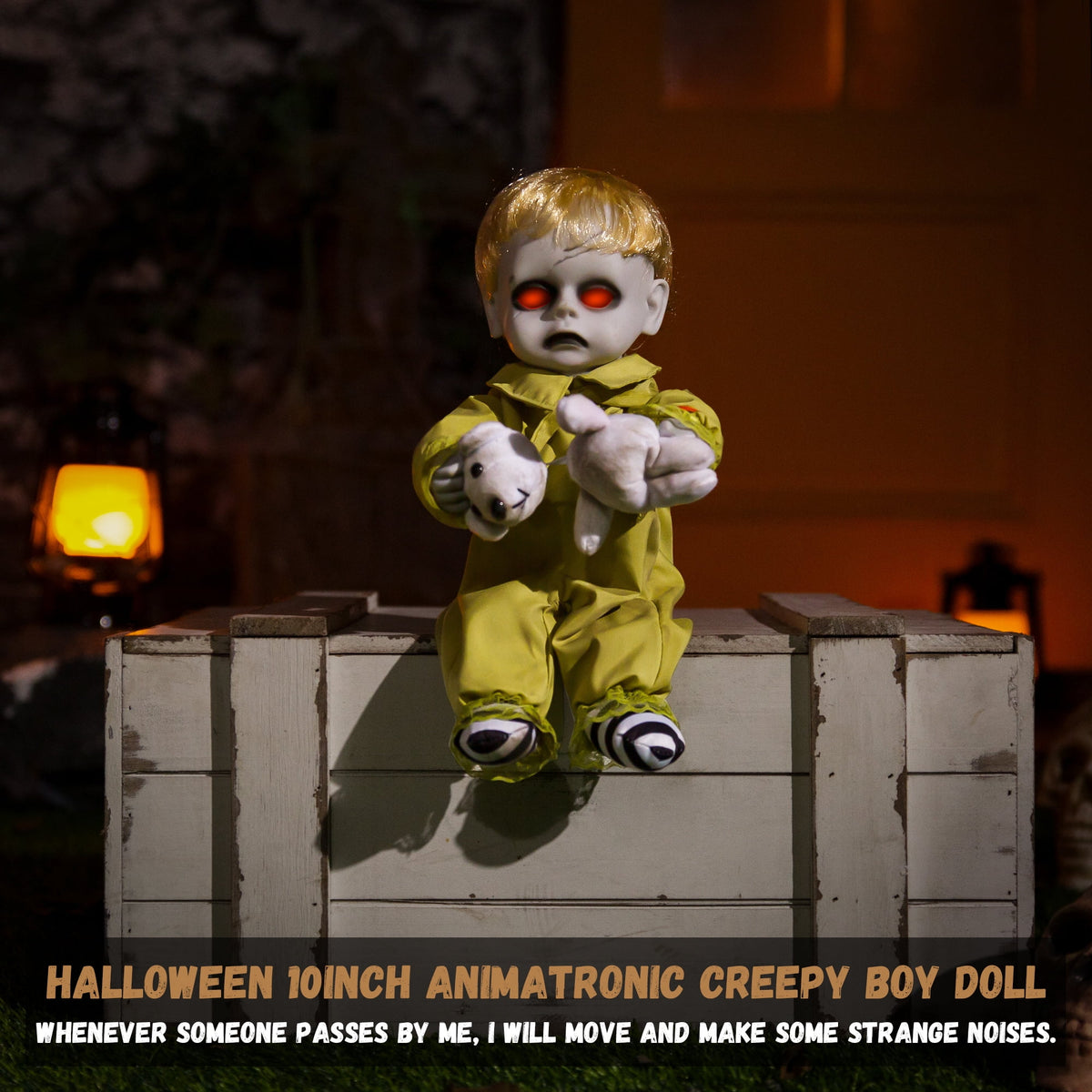 ELAMAS 10 Inch Animatronic Creepy Boy Doll Halloween Animated Decorations with Sound Activated Spooky Sound, Light Up Eyes, Scary Move, Haunted House Holiday Decor Horror Prop for Indoor, Outdoor