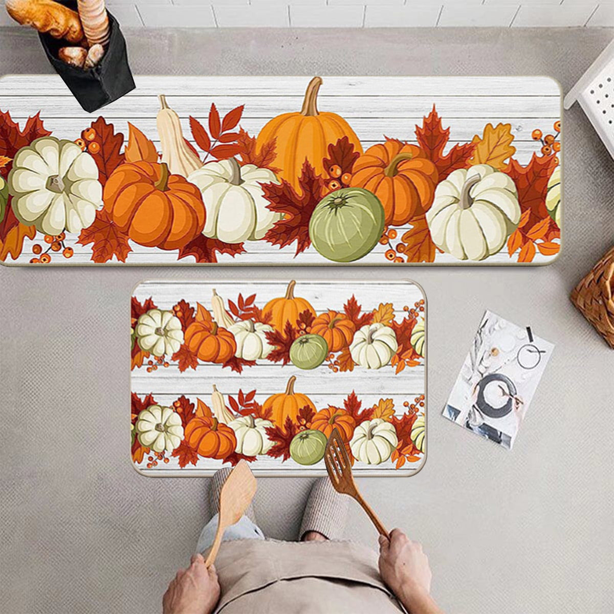 Decorative Kitchen Floor Mats Set of Two, Fall Theme Pumpkin Turkey Pattern Kitchen Rugs and Mats for Outdoor Indoor Kitchen Decor Halloween Thanksgiving Non-Slip Doormat