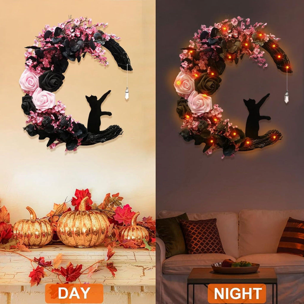 Halloween Wreaths For Front Door, Flower Moon Cat Halloween Home Decoration, Halloween Family Gathering Decoration Wreath，Outdoor, Wall, Closet, Fence, Wreath Halloween (Pink roses)