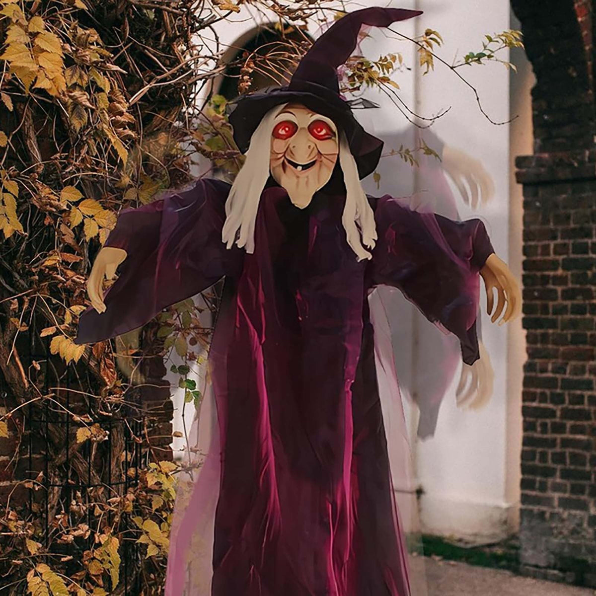 Loyerfyivos Halloween Animatronics Decoration Indoor and Outdoor, 70.87" Animated Halloween Witch with Sound Activation and Light Up Eyes, Life-Size Hanging Talking Witch, Adjustable Arms