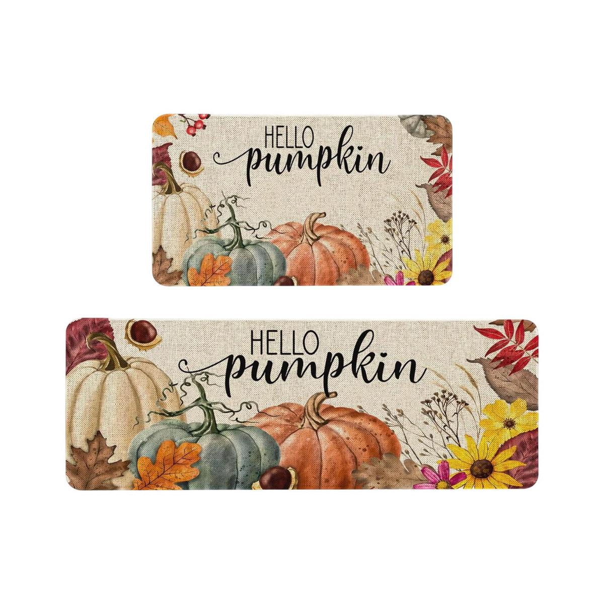 HOARBOEG Kitchen Floor Mat, Halloween Thanksgiving Fall Floor Mats 2-Piece Set - Non-Slip Pumpkin Maple Leaf Decor Rug for Bathroom Kitchen Porch Entrance, Holiday Home Decor