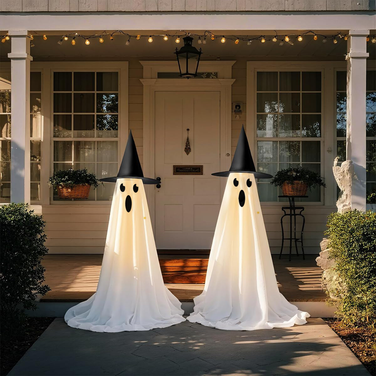 2Pcs Halloween Decorations Outdoor Ghost, DIY Ghost Kit Decor with Witch Hat Remote Control String Lights Halloween Decorations Indoor Halloween Ghost Lights for Porches Yards Gardens Lawn