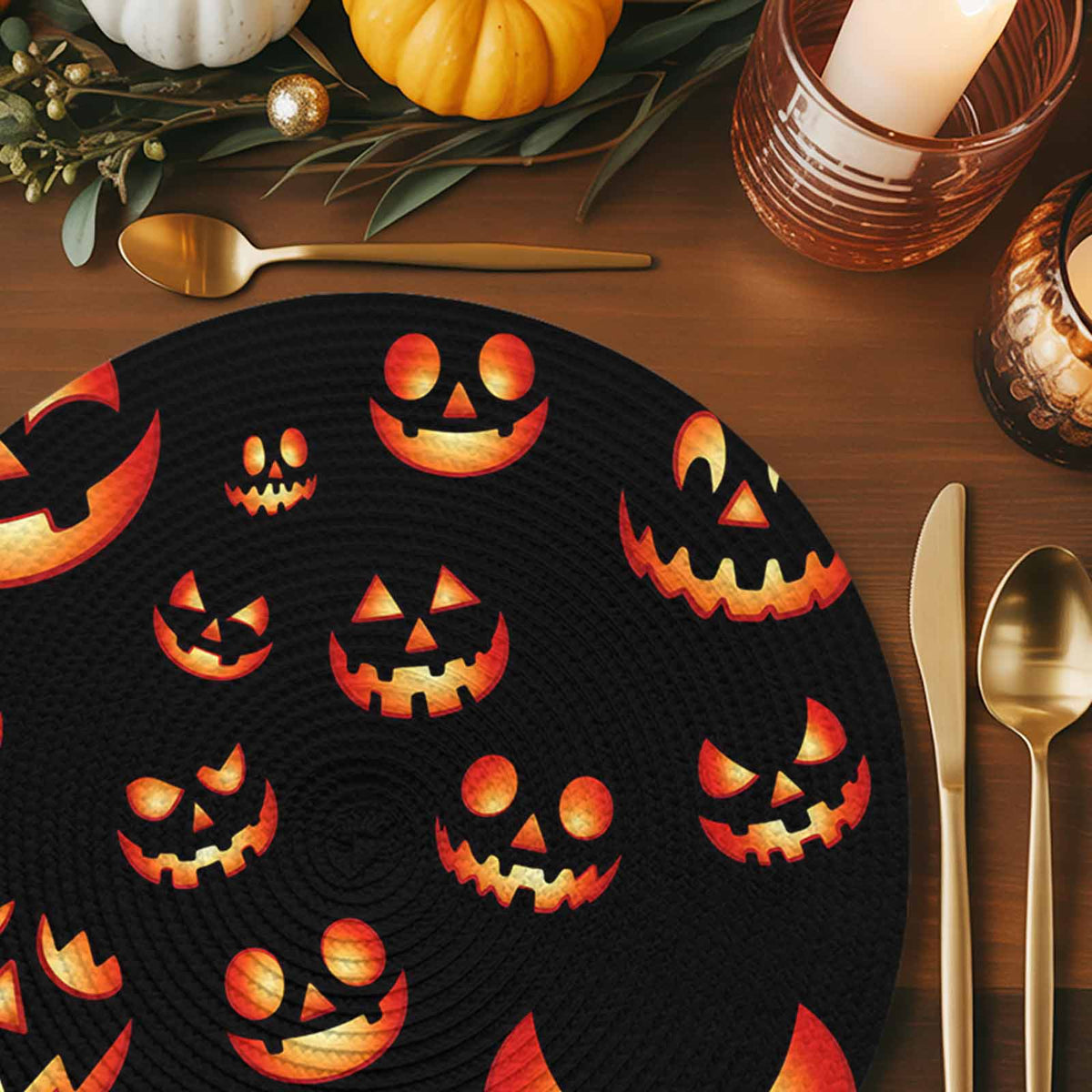 Halloween Round Placemats Set of 4 Spooky Jack-O-Lanterns Place Mats Washable Woven Placemat Orange Black Scary Pumpkin Grimace Circle Braided Table Mat for Kitchen Dining Table Party Decor 15 Inch
