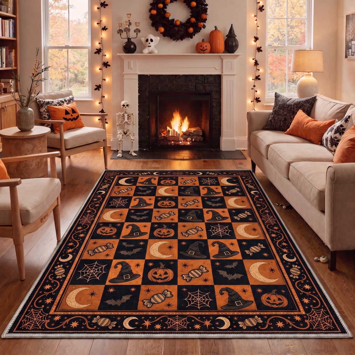 GENIMO 2'x3' Halloween Doormat, Washable Non Slip Soft Vintage Witch Outdoor Door Mat for Front Door Covered Porch Patio Entryway, Burnt Amber