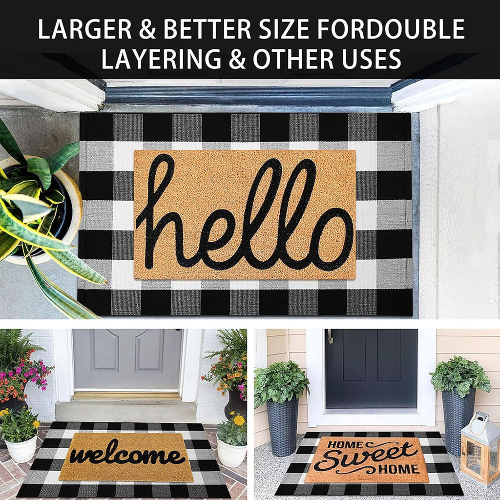HearthHarmony Buffalo Plaid Area Rugs 2x3 Ft Brown and Black Checkered Rugs Washable Front Door Mat Hand Woven Cotton Outdoor Small Rug for Front Porch Kitchen Entryway Patio Bathroom