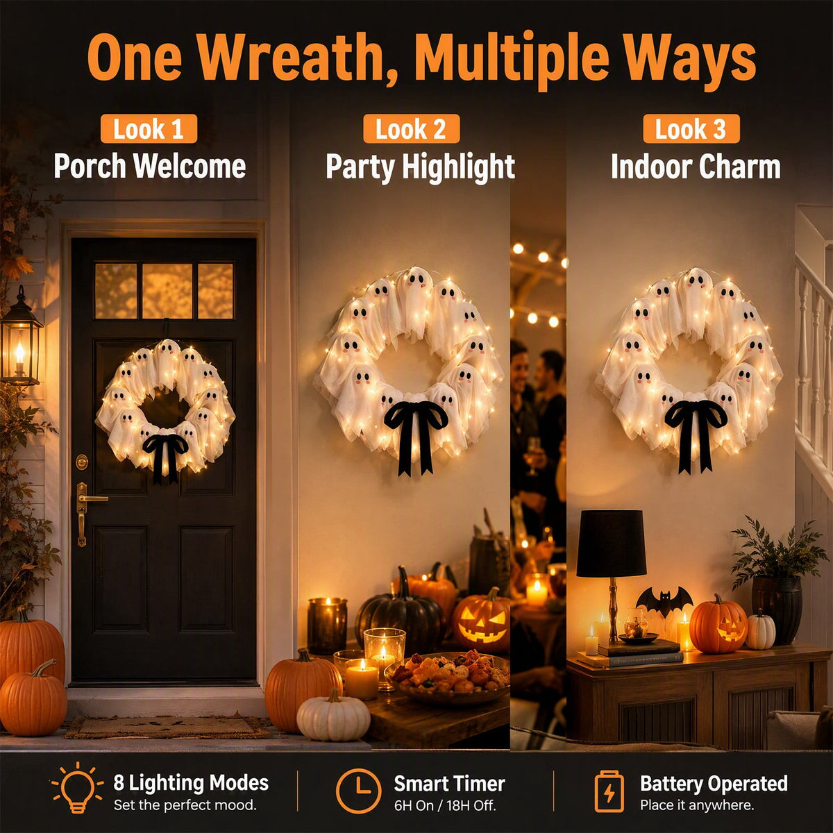 Halloween Glowing Ghost Wreath, Light-up Spooky Wreath with 12 Ghost Decor, RC, 6H Timer, Ideal for Halloween Party (A 12x3inch)