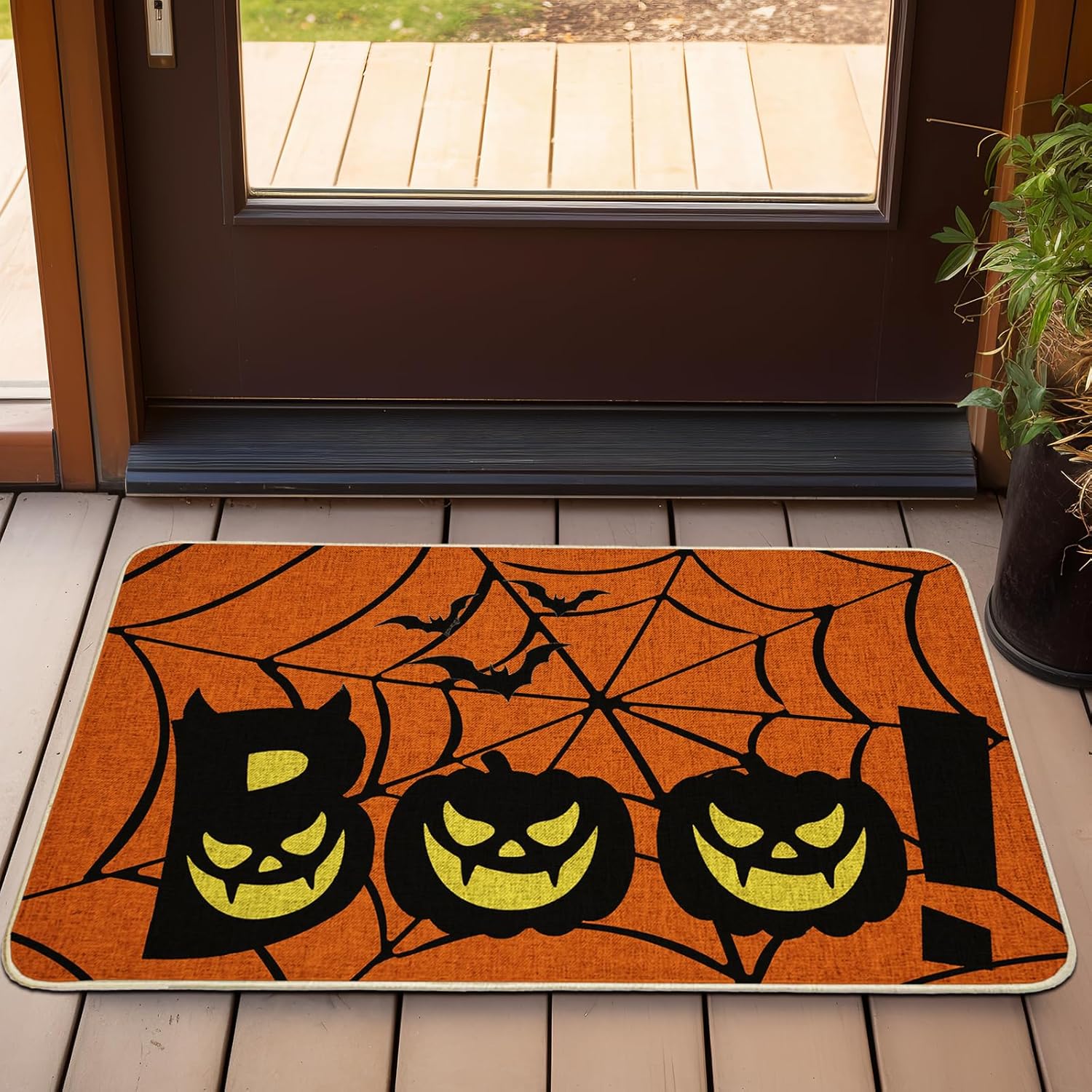 NIETEIN Halloween Door Mat Pumpkin Cat Gnomes Non-Slip Washable 31.5x19.7 Inch (Pumpkin Spider Web BOO)
