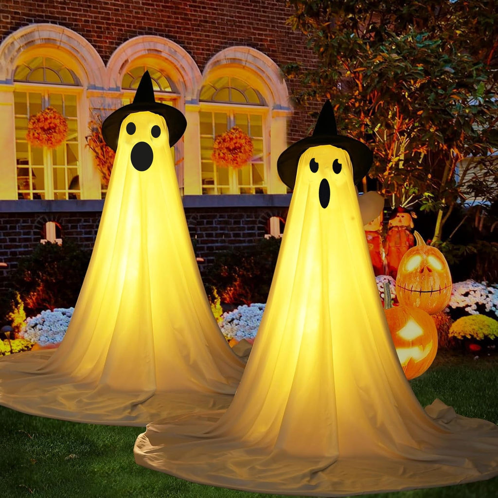 2Pcs Halloween Decorations Outdoor Ghost, DIY Ghost Kit Decor with Witch Hat Remote Control String Lights Halloween Decorations Indoor Halloween Ghost Lights for Porches Yards Gardens Lawn