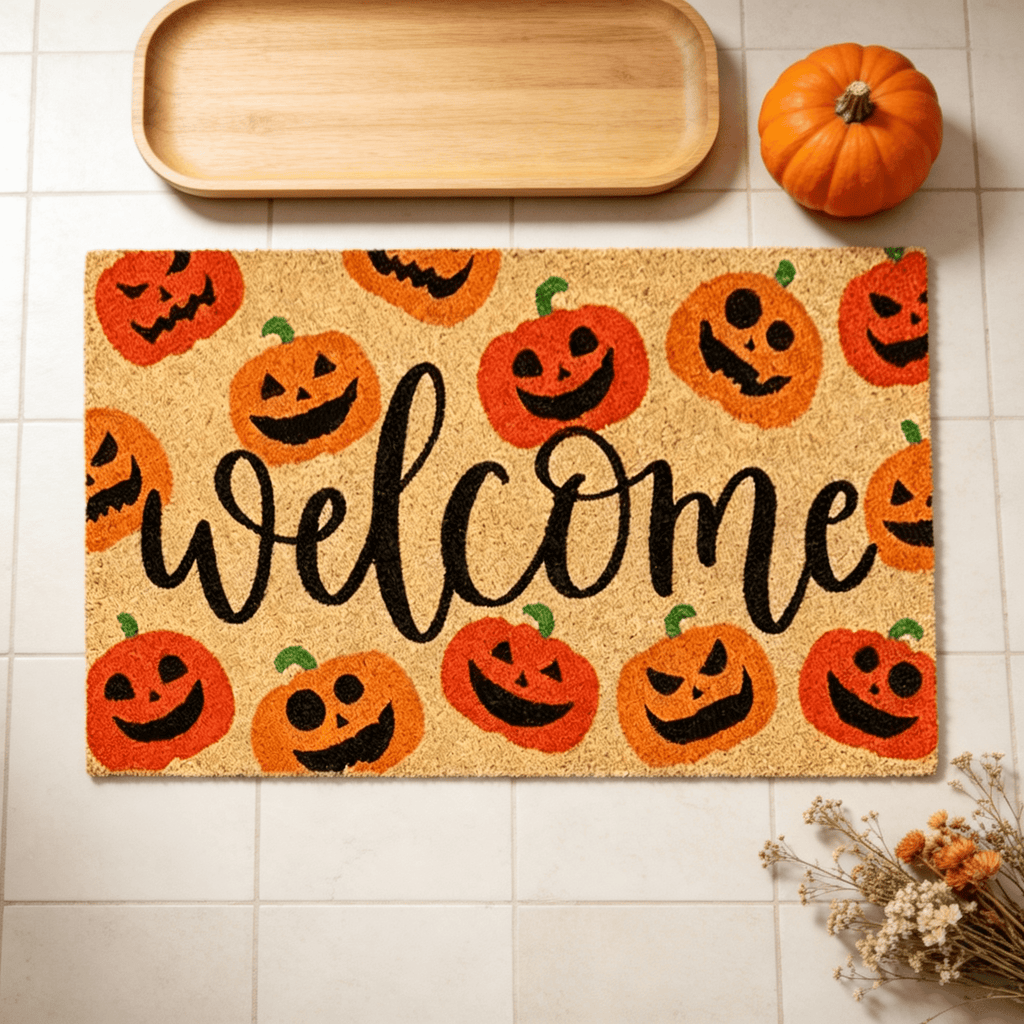 Halloween Pumpkin Welcome Door Mat, Funny Durable Non Slip Decorative Rugs for Bathroom Bedroom Kitchen Front Door