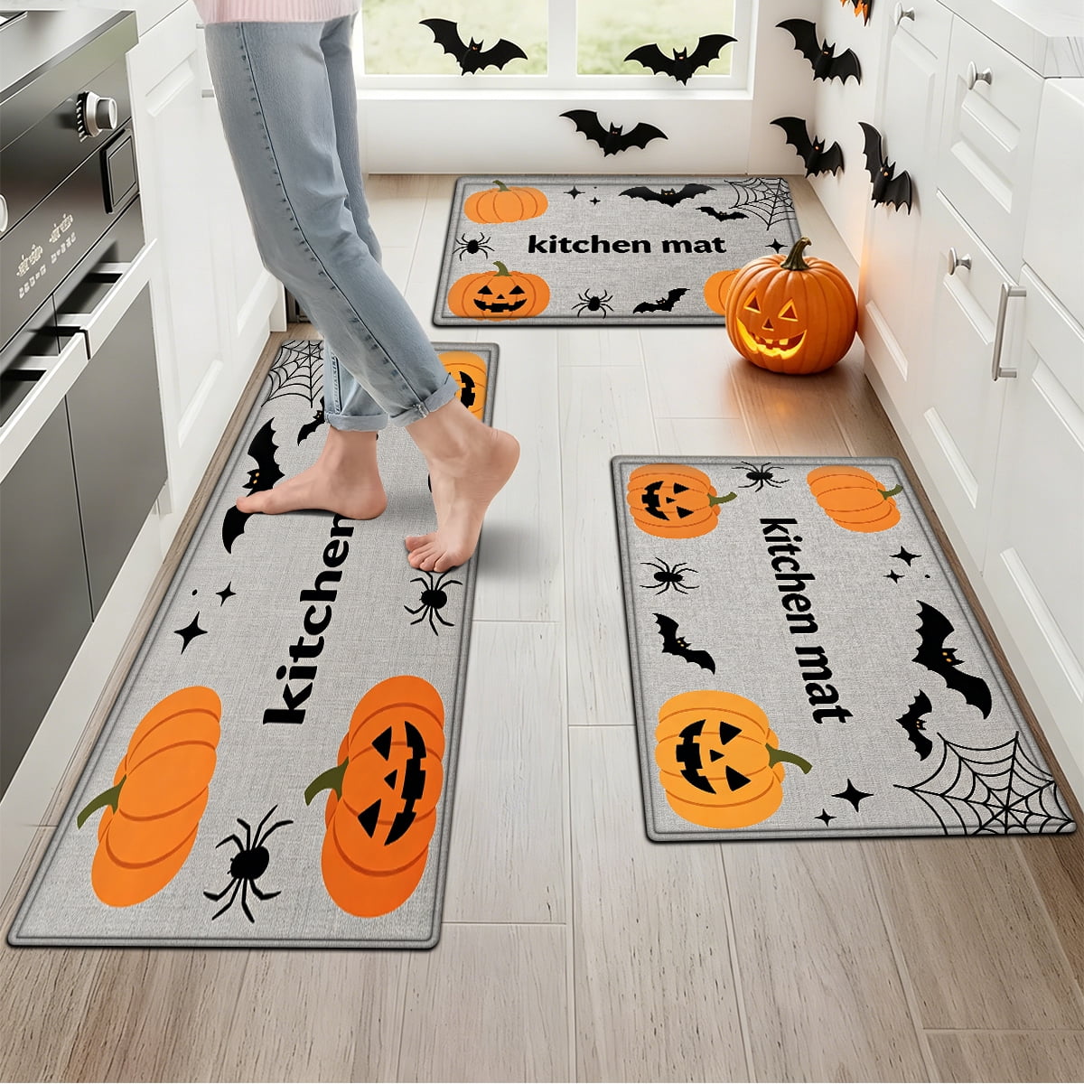 YIMEIS Halloween Pumpkin Lanterns 3Pcs Flannel Mat and Kitchen Rugs Set,Soft Non-slip,Perfect for Home Bathroom