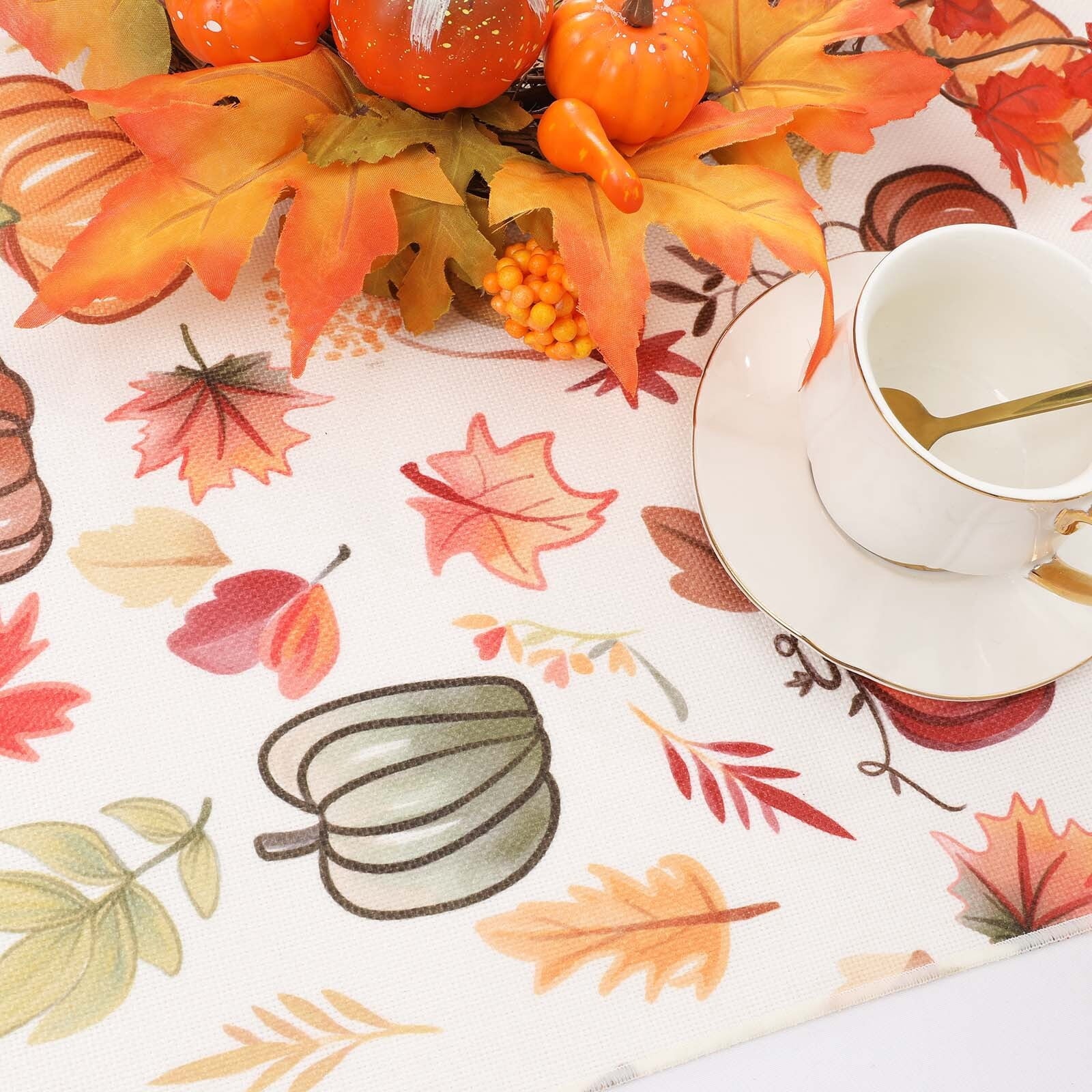 OVZME Joyce Fall Leaves Table Runner for Kitchen Dining Table, Thanksgiving Autumn Printed Harvest Pumpkins Maple Leaves for Halloween Holiday Home Decorations, Water-Proof, Washable, 13" W x 90" L