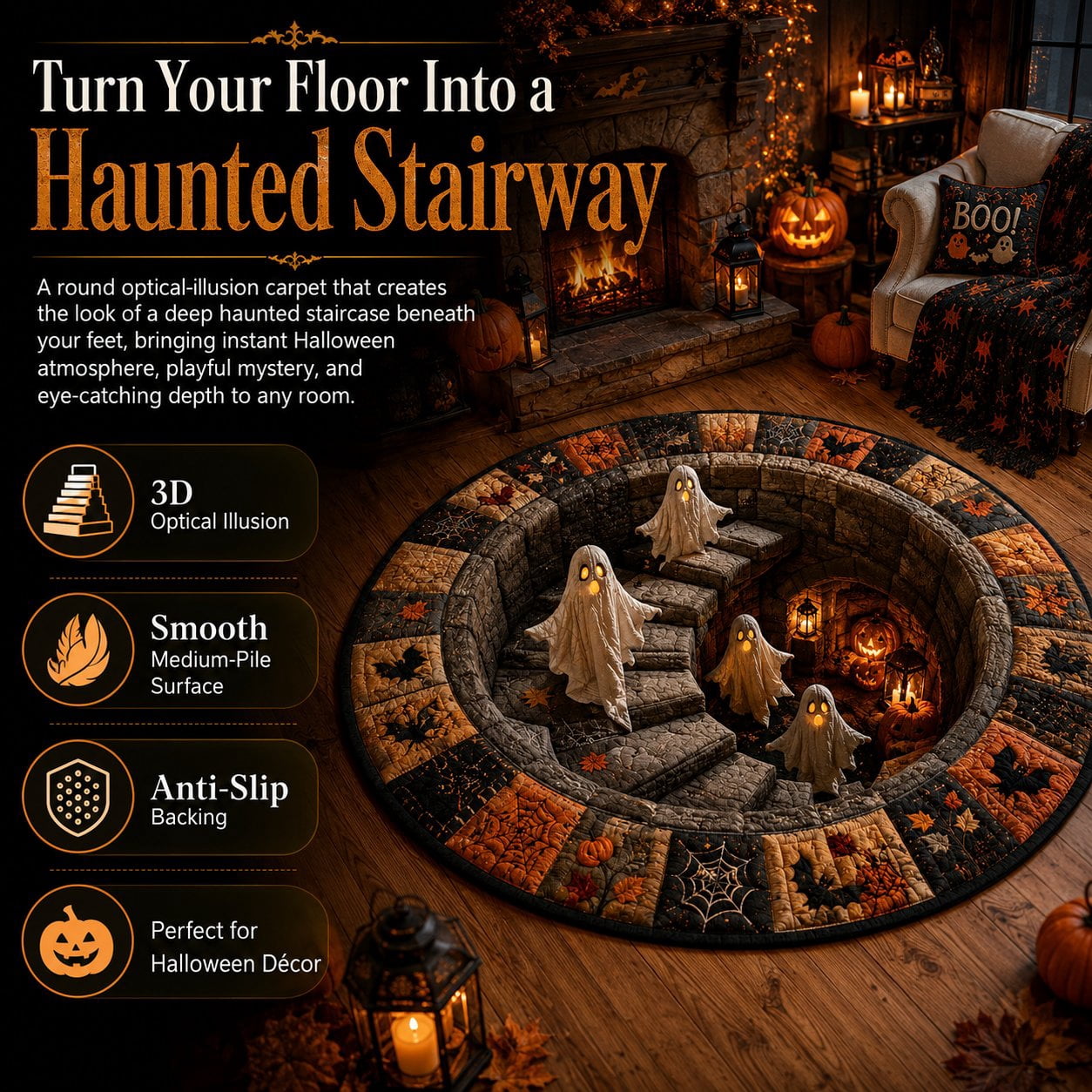 Halloween Round Rug Optical Ghost Pumpkin Mat 15.75in Diameter Polyester Skidproof & Soft for Entryway Bedroom Party by MPOISVA