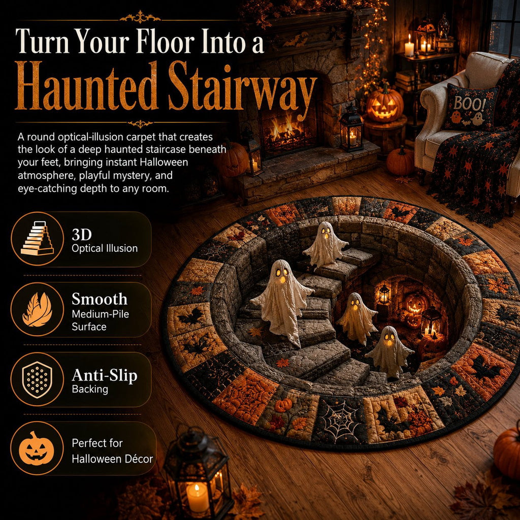 Halloween Staircase Optical Illusion Round Rug, Spooky 3D Floor Mat with Ghosts Pumpkins, Soft Non-Slip Carpet for Living Room Entryway – 4 Sizes