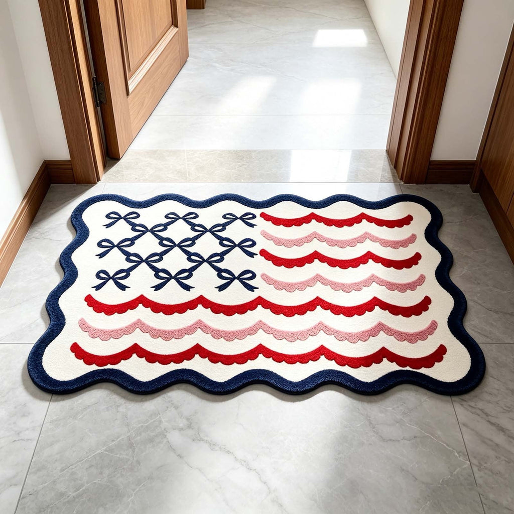 Patriotic Door Mat 4th of July Bow Flag Floor Doormats Independence Day Star Welcome Non Slip Mats for Front Porch Decor 16*24in Black