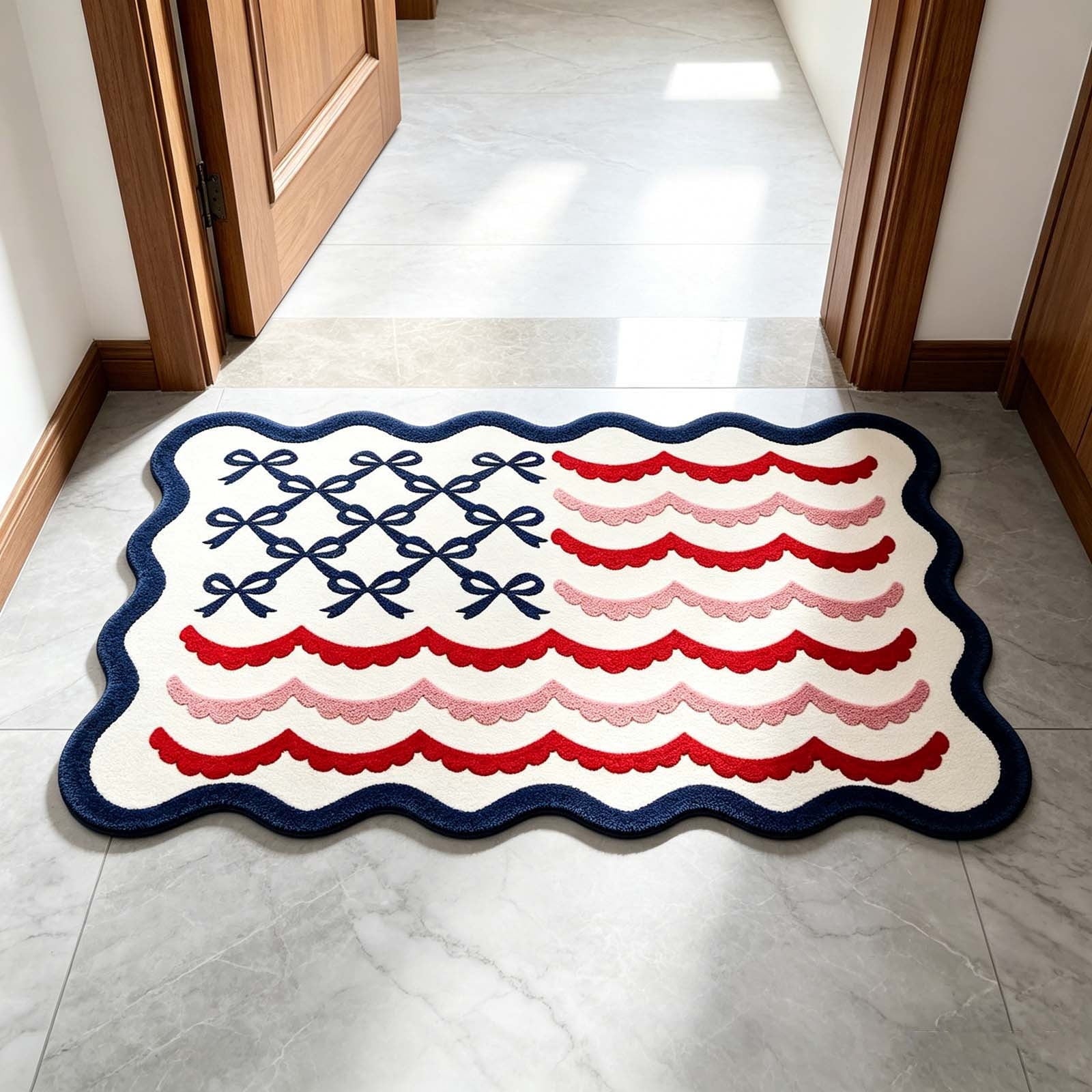 Patriotic Door Mat 4th of July Bow Flag Floor Doormats Independence Day Star Welcome Non Slip Mats for Front Porch Decor 16*24in Black