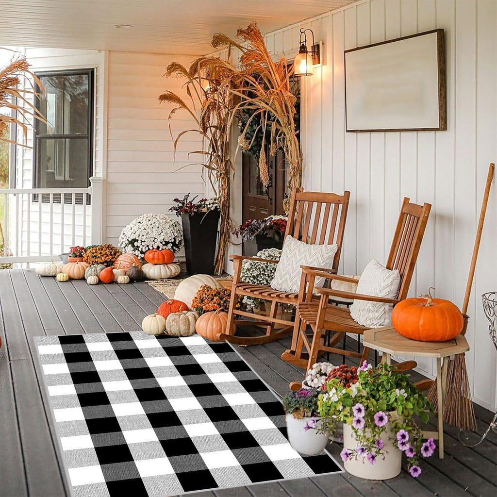 Halloween Fall Outdoor Rug Plaid Rug Foldable Floor Mat for Thanksgiving Front Door Front Porch Farmhouse Entryway Patio Decoration