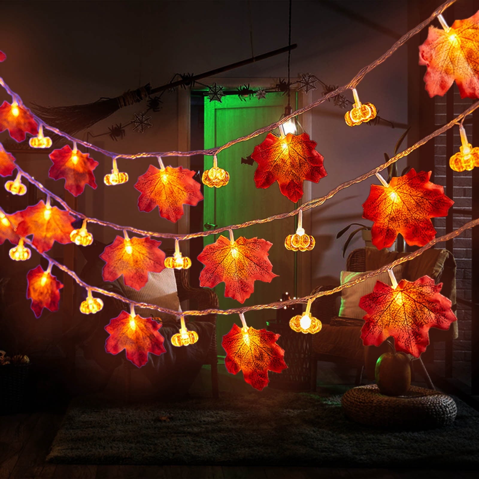 Btomtd 118.11 inch Pumpkin and Maple Leaf Lantern String Light Halloween Thanksgiving Decorative Light for Autumn Festival Porch Pathway or Table Decor, Orange