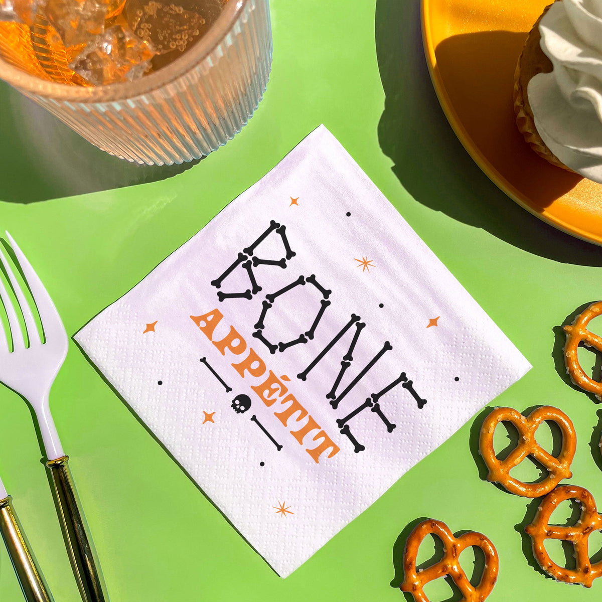 Big Dot of Happiness Bone Appetit Party Napkins, Skeleton Halloween Party Decor, White 3-Ply Paper Beverage Napkins - 24 Count