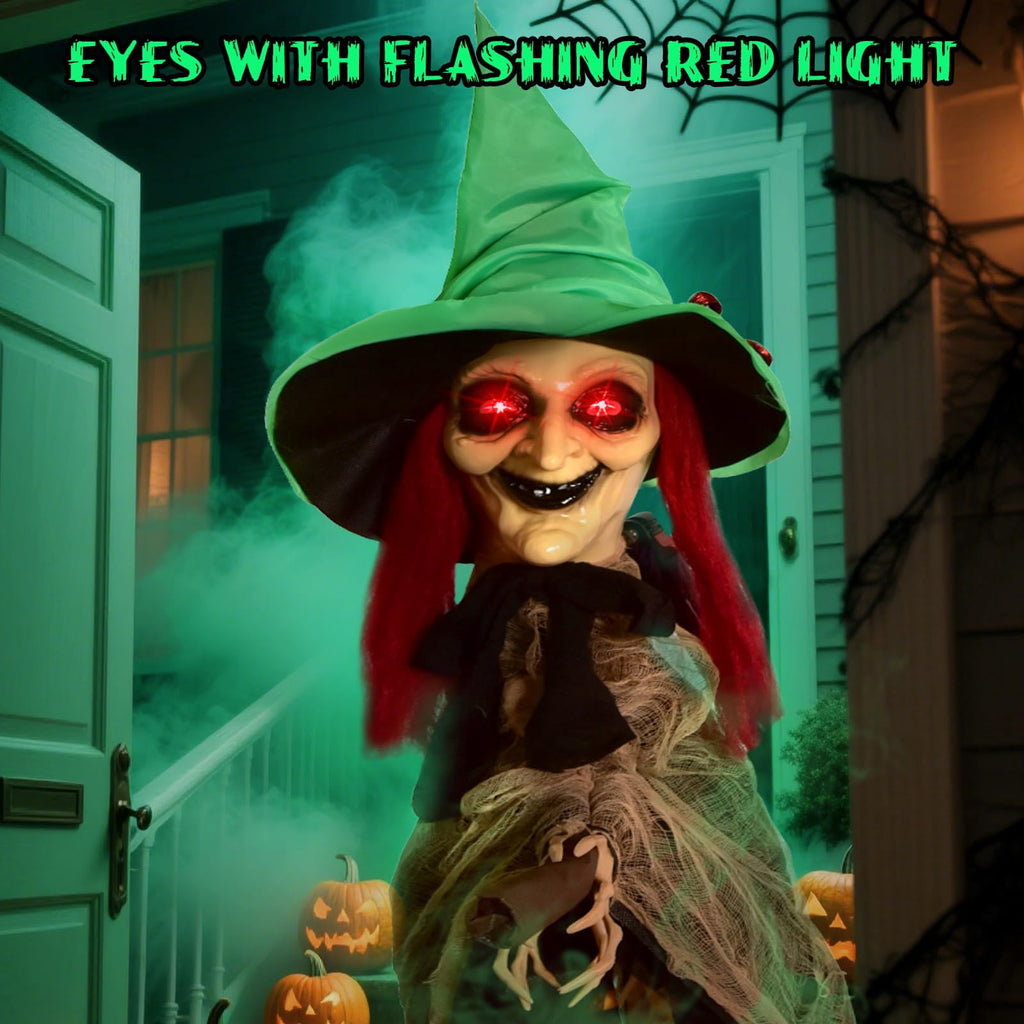 PRESENCE Halloween LED Light-Up Flying Witch on Broomstick, Realistic Sound & Motion, Scary Animated Decoration with Kicking Legs for Yard, Party, Haunted House Green