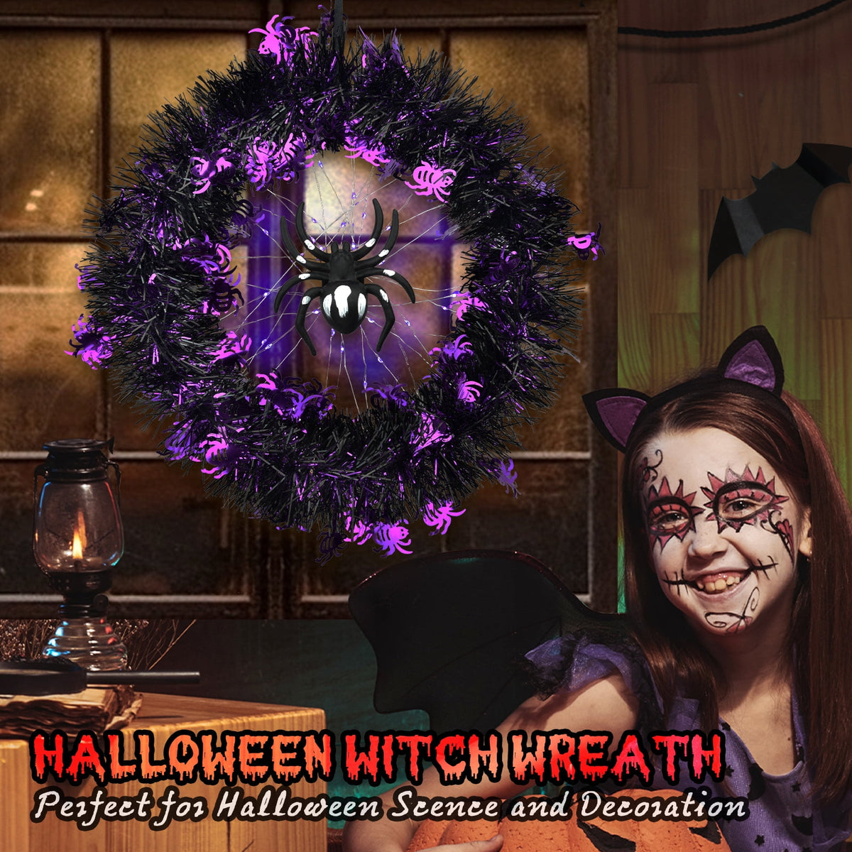 Halloween Wreath Halloween Spider Decorations Wreath with Lights, Halloween Spider Garland LED Halloween Door Wreath for Halloween Party, Halloween Decorations Outdoor Indoor Wall and Window