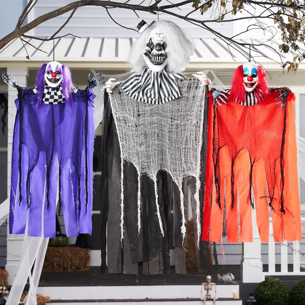 Joyfy 65" Halloween Hanging Scary Clown Decorations with Chain, with LED Lights Talking Animatronics Decor Outdoor Indoor for Haunted House Lawn Yard Patio