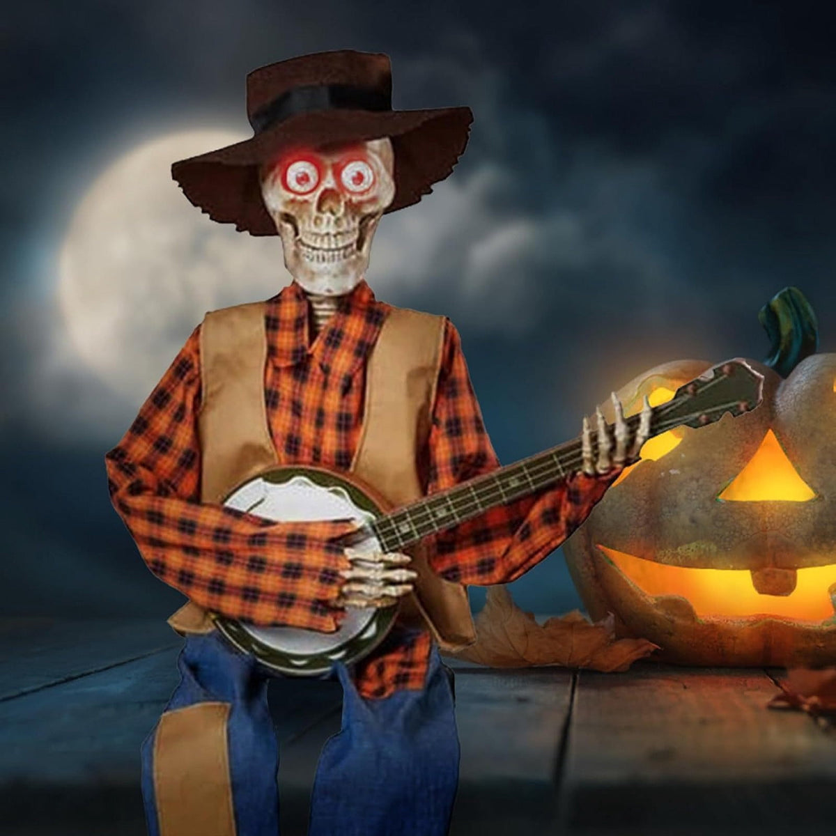 Dueling_Banjo Skeletons, 2025 Funny Animated Dueling_Banjo Halloween Skeletons, Country Skeleton Musicians with Light up Eyes for Halloween Decoractions Indoor Home Decor (Red&Yellow,2Pcs)