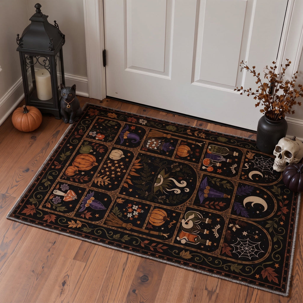 GENIMO 2'x3' Halloween Doormat, Washable Non Slip Soft Vintage Witch Outdoor Door Mat for Front Door Covered Porch Patio Entryway, Burnt Amber