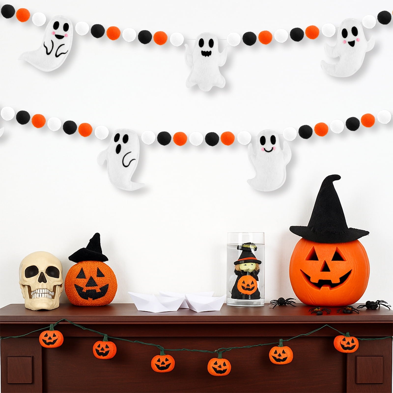 YIBAGA Halloween Garland Banner 6.6Ft Wool Felt Ghosts Ball Haunted Houses Decors Party Supplies