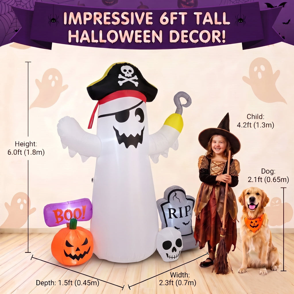 Glazina 7 FT Halloween Inflatable Ghost Signpost with Skull Spider, Built-In LED Lights, Outdoor Halloween Blow Up Yard Decoration