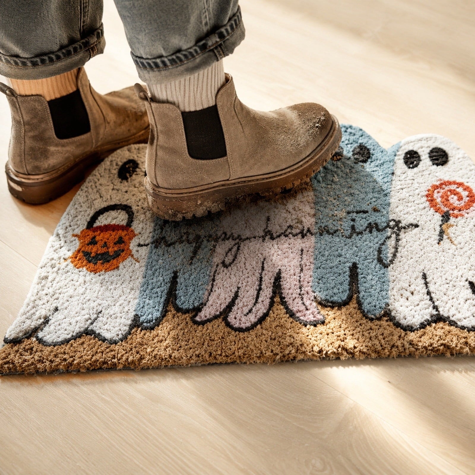 Halloween Ghost Shaped Entrance Doormat - Spooky Decorative Floor Mat Front Door Entry Rug for Porch Indoor Outdoor Home Door Decoration