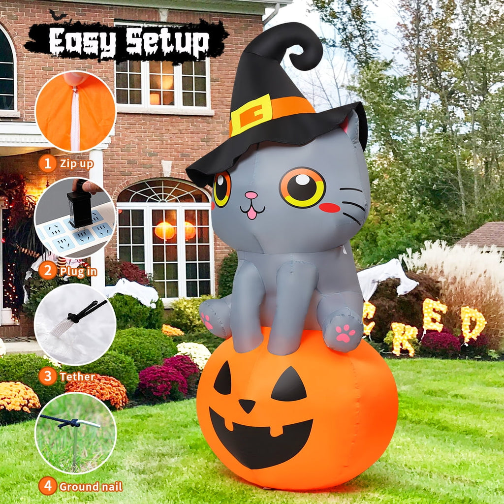 GOOSH Halloween Inflatable 6 FT Inflatable Halloween Cat Sitting on Pumpkin, Halloween Inflatable Cat Pumpkin with LED Lights, Funny Outdoor Halloween Decorations for Halloween/Holiday/Party