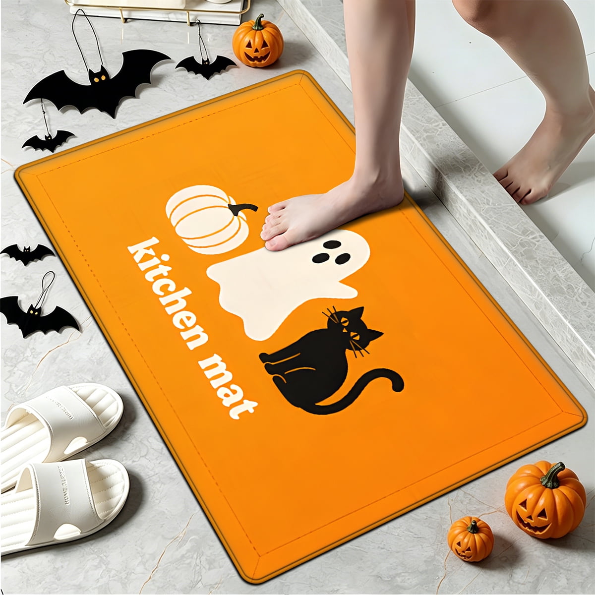 YIMEIS Halloween White Pumpkin Multi-purpose 3-Piece Flannel Mat and Kitchen Rugs,Soft Non-slip for Home Bedroom Bathroom