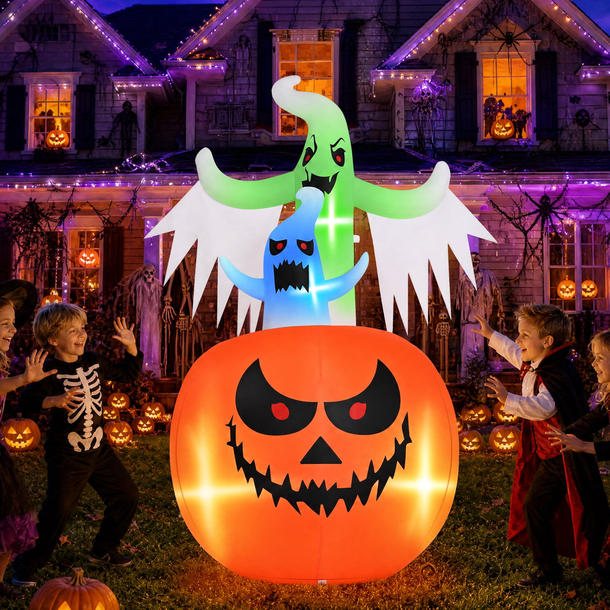Firstness 6ft Tall Halloween Inflatable,Ghosts Pumpkin with Colorful Flashing Lights,Blow ups Halloween Outdoor Decorations