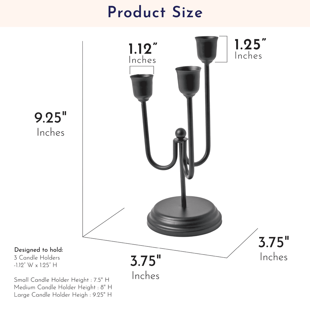 Home Decor Collection 3-Arm Black Metal Taper Candle Holder – Elegant Gothic Decor for Halloween, Mantel, Kitchen Table, Wedding, or Party, 9"