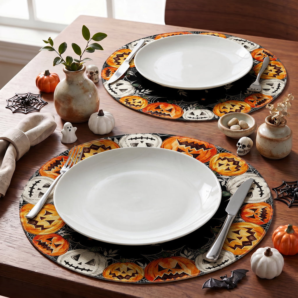 Smile Jack-O'-Lantern Spider Web Halloween Table Placemats Set of 4 Round 15 Inch Black