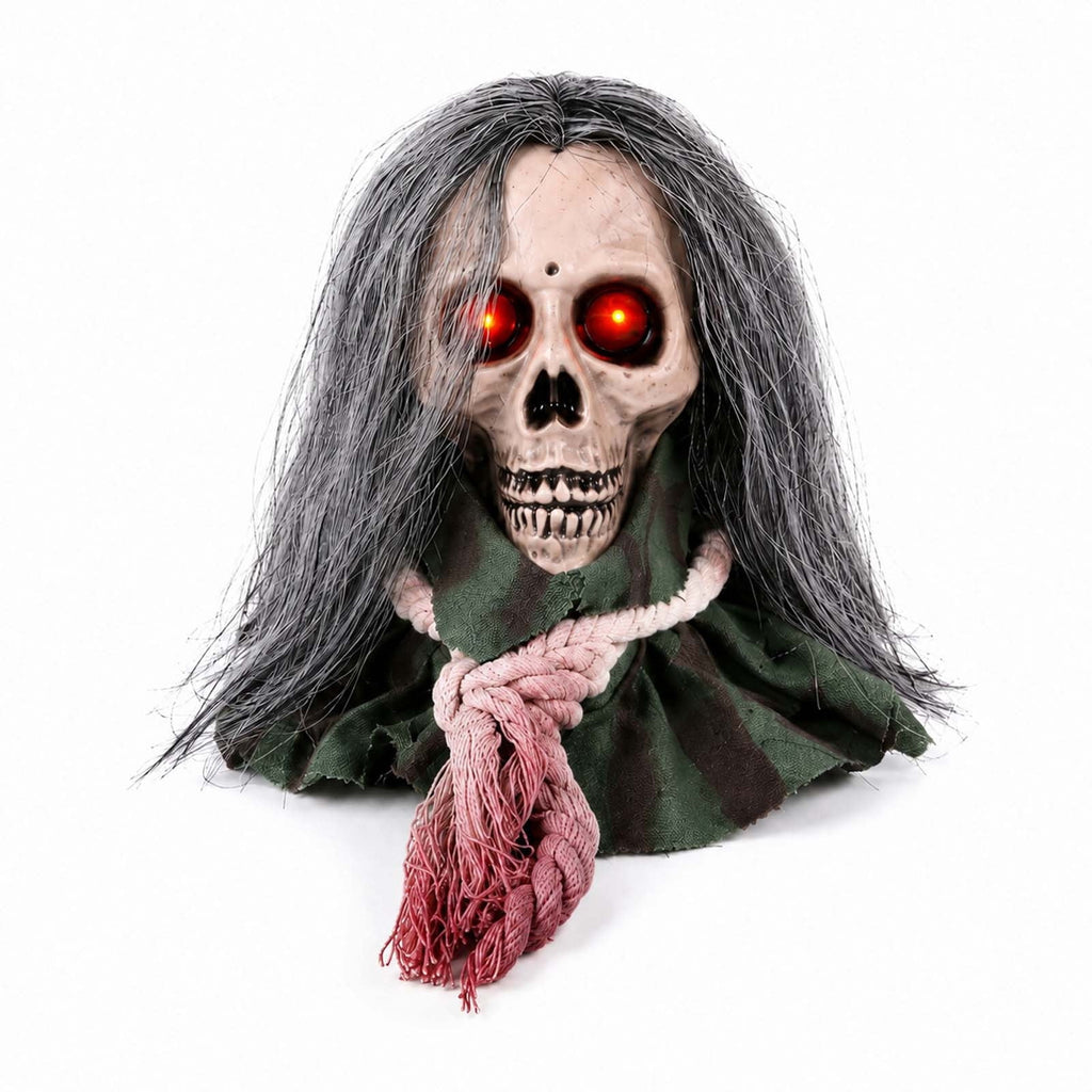Moving Long Hair Hanging Skull Head Prop, Creepy Animated Halloween Skeleton Decor, Spooky Ornament for House, Party, Indoor Outdoor (Batteries Not Included)