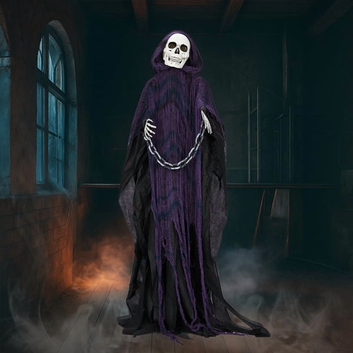 Alvantor Halloween Animated Decorations - 6 FT Sound-Activated Animatronic Grim Reaper with Chain, Moving Head and Hands, Red LED Eyes