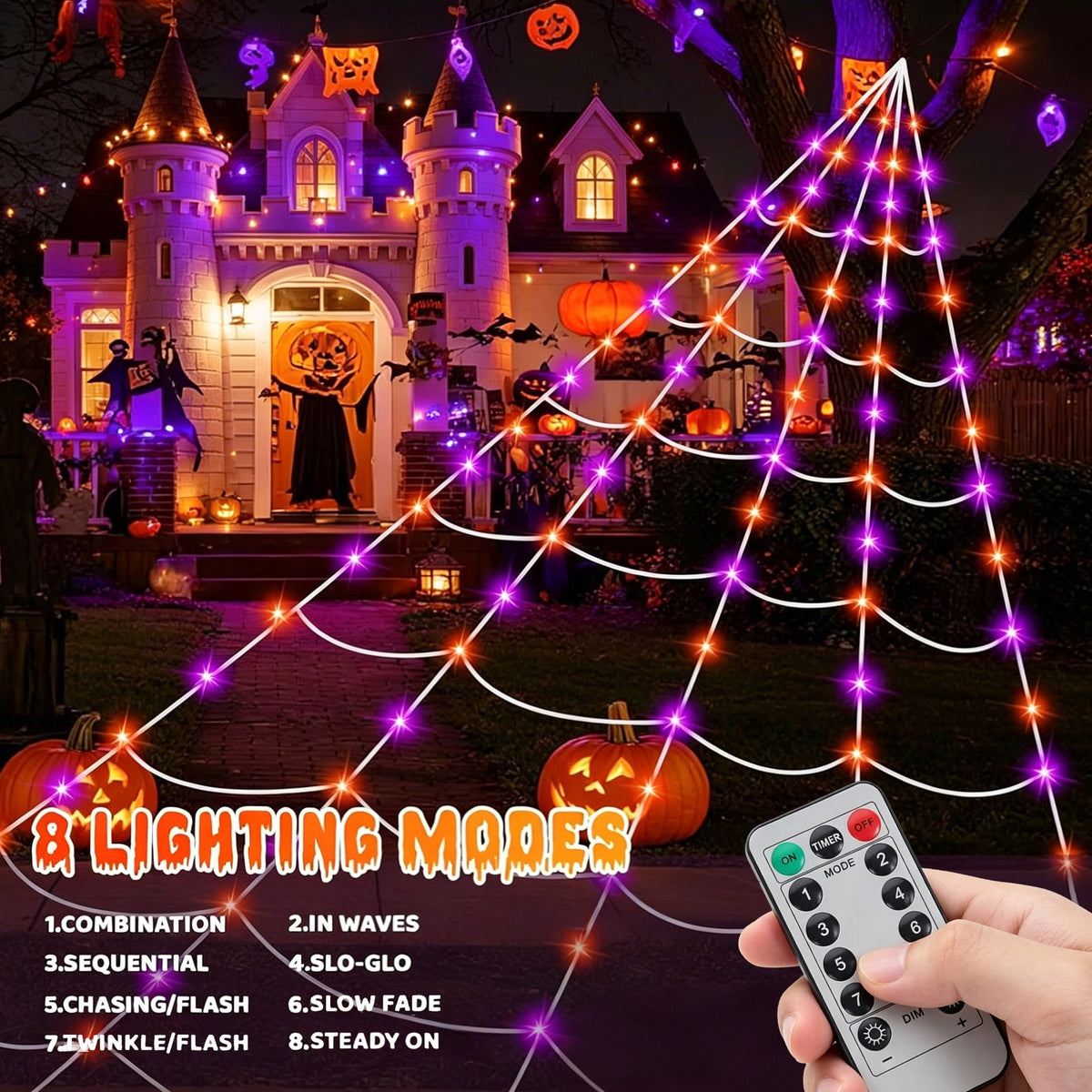 DAYBETTER Halloween Spider Web Lights, 5FT Giant Spider, 250 LED Holiday Lights, Remote Control Waterproof for Indoor Outdoor Yard Party Halloween Decorations (Purple & Orange)